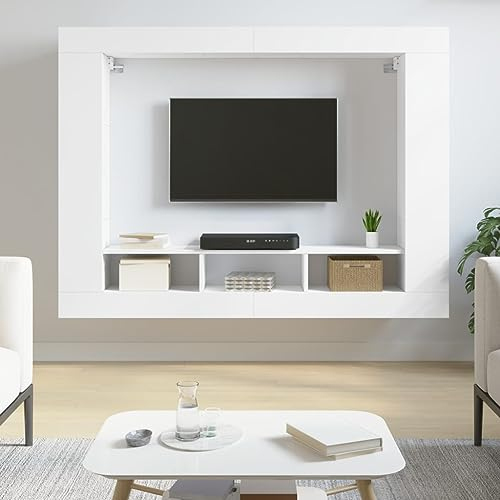 vidaXL TV Schrank, Wohnwand mit Stauraum, Schrankwand Anbauwand für Wohnzimmer, Lowboard Fernsehtisch Wandmontage, Weiß Holzwerkstoff