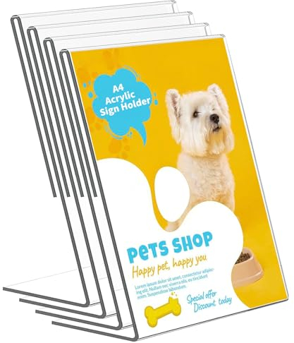 DAGORD 4 Stück A4 Aufsteller Transparent Werbeaufsteller Acryl A4 Tischaufsteller A4 Hoch L-Aufsteller Din A4 Hochformat L-Ständer Acryl Tischständer Schräg für Restaurant Geschäft Hotel Thekentisch