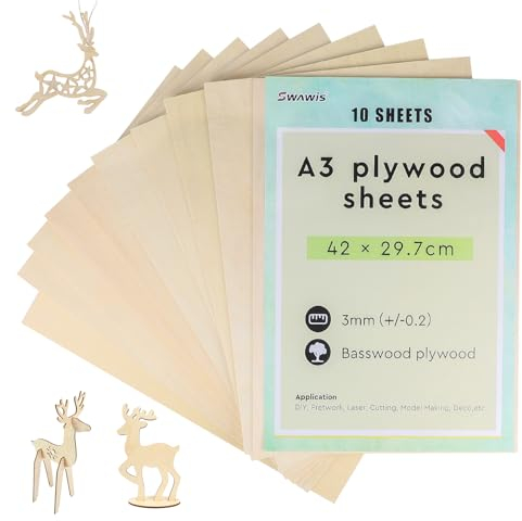 SWAWIS 10 Pièces Contreplaqué 3mm A3, 420 * 300mm Plaque de Bois, Contreplaqué Tilleul Marine, Panneaux Bois pour DIY Fretwork Laser Découpe Modélisme Déco