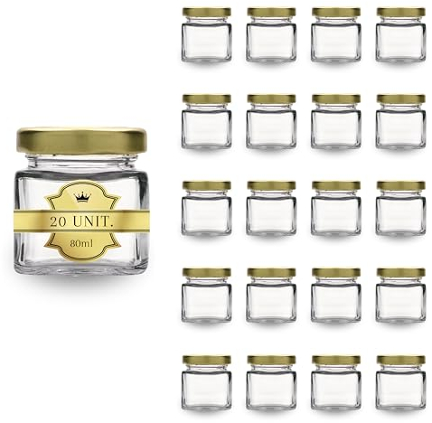 Espirito Rebelde 20 Pots en Verre Carrés pour Épices 80ml avec Couvercle Doré | Bocaux Rangement Cuisine | Épices, Confiture, Yaourt