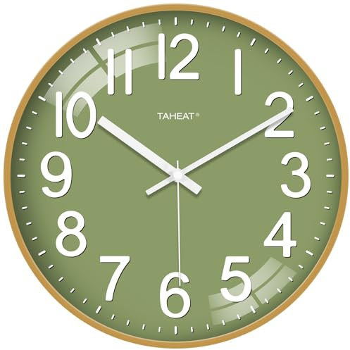 TAHEAT Small 8 Inch Wall Clock, Silent Non Ticking Battery Powered Modern Green Clock Decorative for Living Room Bedroom Kitchen Bathroom