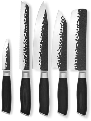 FIVI Gourmet Messer Set 5-teilig YUKI, MATT, ROLF, BERND und LUCA | Messerset für die Küchen Küchenmesser Edelstahl mit Hammerschlag Pakkaholzgriff | Scharfes Messerset mit Kochmesser Brotmesser