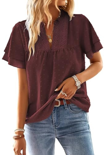 TUUHAW Camicia Donna Estiva Scollo a V Casual T-Shirt con Volant Manica Corta Boho Top Allentate Maglietta Elegante Blusa Pizzo Camicetta Vintage Tinta Unita Classico Abbigliamento Rosso Granato XL
