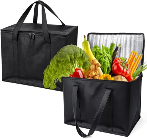 saerryor 2 Pack Insulated Reusable Grocery Shopping Bag, Large Cooler Bags for Food Delivery 41 * 26 * 33cm Heavy Duty Collapsible Cool Bag with Durable Handles & Dual Tab Zips for Picnic, Camping