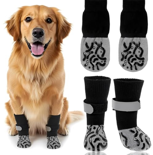 KIRZAX 2 Pares Calcetines Antideslizantes para Perros,Protector de Patas,Calcetines para Perros con Velcro Ajustable,Calcetines Antideslizantes de Interior para Perros