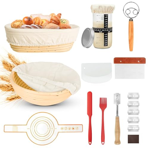 BUCOMTU Cestino Lievitazione Pane 10pz,Cestini Lievitazione Pane 23cm (rotondo) & 25cm (ovale); Cestino Pane, barattolo 730ml, accessori, crosta croccante, principianti e pro
