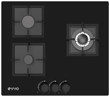 Placa de Gas EVVO V65 Glass, 3 Quemadores con Wok, Cristal Templado Negro, Encendido Eléctrico, Compatible Gas Natural y Butano