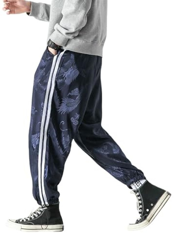 Herr kinesisk stil lätt manschettfåll drake jacquard kontrast lös passform beskuren dragsko joggingbyxor haremsbyxor, BLÅ, XS