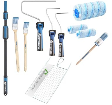 STORCH Profi Malerset 11-TLG. Dispersionsfarbe Silikatfarbe innen, Farbroller Set komplett - SmartCore Farbwalze, Lock-IT Edelstahlbügel, Teleskopstange, Heizkörperpinsel, Ringpinsel, Abstreifgitter