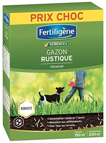 FERTILIGENE RUST150P - Semences Gazon Rustique Universel 3,75 kg - Premières pousses en 1 semaine - Résiste aux piétinements - Tous types de terrains - Pour 150m² de création et 250m² de regarnissage