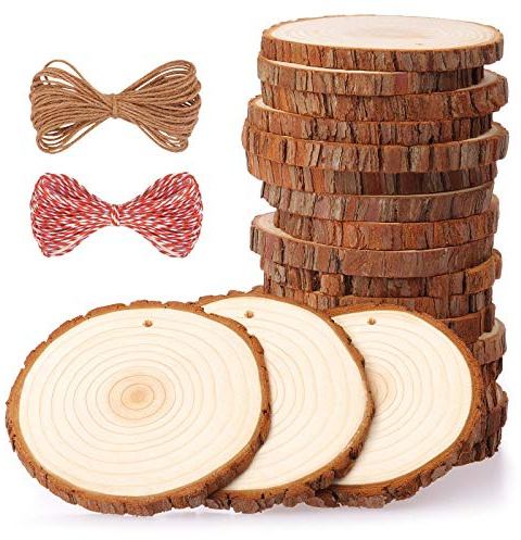 Rodajas de Madera Círculos 9-10 cm 20 pcs Fuyit Discos de Madera Rebanada 10m Cuerda de Cáñamo Maderas Naturales Perforado Con Corteza de Árbol Para Manualidades