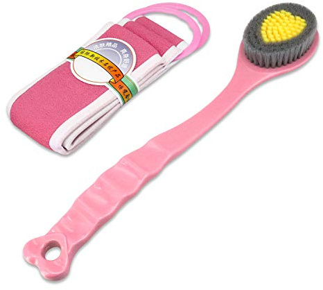 Brosse de bain à long manche - Brosse de massage corporel douce et confortable pour brosse exfoliante pour peau sèche (Serviette rose et boue)