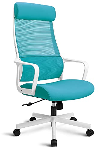 MELOKEA Bürostuhl ergonomisch, Schreibtischstuhl mit Großer und Weicher Verstellbarer Kopfstütze, Integrierter Lordosenstütze, Drehstuhl mit Höhenverstellung und Wippfunktion Bis 150kg Belastbar Blua