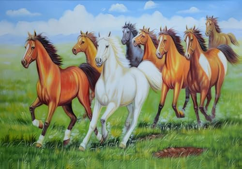 Wesmilewallpaper Papier Peint Panoramique Ciel Bleu, Nuages ​​Blancs, Prairie Verte, Cheval, Paysage Naturel, Art, Peinture À L'Huile 150x105cm 3D Intissé Soie Poster Geant Mural
