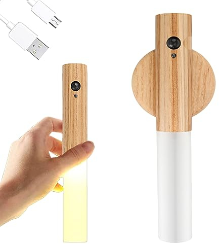 Wooden Wall Light, Indoor Night Light with Motion Sensor, Magnetic Rechargeable Wireless Battery Wall Lights with Switch for Bedroom, Hallway, Stairway, Children Room and More (Ash wood-1pc)