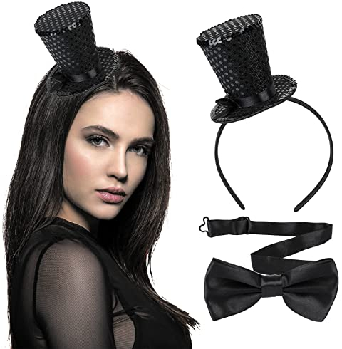 BEIMEIII 2 Stücke Mini Top Hut Haarreif Set Enthalten Schwarz Zylinder Hut Haarreif und Schwarz Fliege für Abschlussball,Party,Karneval,Hochzeit