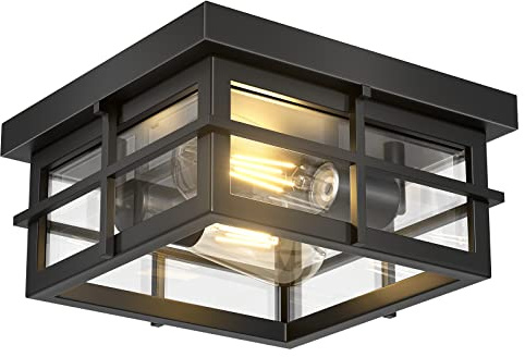 Asnxcju Modern Outdoor Ceiling Light Fixtures, 2-Light Black Flush Mount Light Fixtures with Clear Glass Shade, Farmhouse Square Ceiling Lighting for Porch Bathroom Kitchen (Bulbs Not Included)