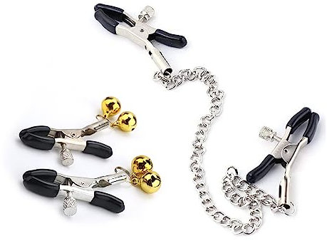 Edelstahl Nippelklemmen, Bruststimulatoren für Für Frauen und Männer, Verstellbar, Brustwarzenklemmen mit Glocken und Kette, Brustklemmen aus weichem Gummi(2 Paar)