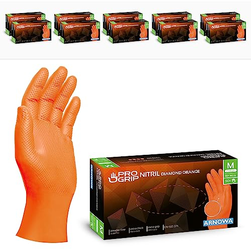 500x PROGRIP Guantes nitrilo talla M Naranja [Con doble grosor y textura diamante], Guantes desechables de nitrilo para taller, industria y montaje, Luvas nitrilo descartaveis