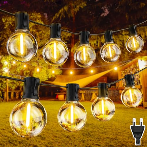 Heinstian Guirnalda Luces Exterior, 20M LED Cadena De Luz con 33 + 1 Bombillas De Plástico Amarillo Cálido, IP44 Impermeable Bombillas Exterior Guirnalda Puede Ser Extendida Luces Exterior Jardin