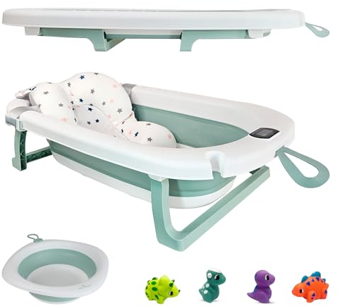 Akeraq Baby Badewanne Faltbar Mit Integriertem Thermometer, Rutschfeste Kissen, Wasserkanne Und Gummispielzeug, Faltbare Babywanne Mit Tragbarem Und Ergonomischem Design (Grün)