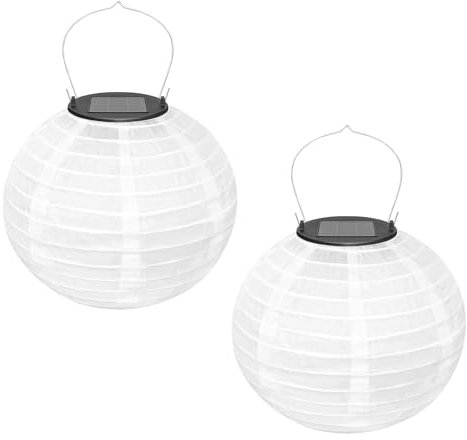 Ledeak 2 Pezzi Lanterne Solari da Esterno, 20cm LED Lanterna Solare da Appendere Impermeabile, Rotondo Poliestere Lanterna in Stile Cinese Orientale per Giardino Matrimonio Decorazioni (Bianco)