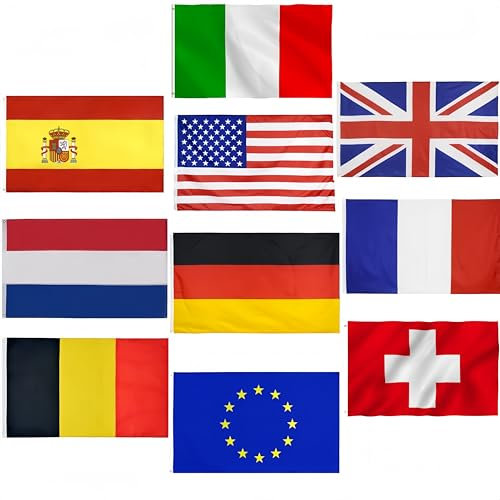 10 Drapeaux Nationaux 90x150 cm Drapeaux de Différents Pays France UE Italie Allemagne Espagne États-Unis Belgique Royaume-Uni Suisse Pays-Bas Match de Soutien Décorations de FêteDrapeaux Mondiaux