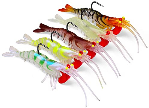 Xijobido Crevette Appât d'eau Salée,Lot de 5 leurres de Basse résistants à la déchirure - Ensemble de leurres Lumineux Doux, appâts de pêche avec des Crochets et des Perles de pêche pour l'eau Douce