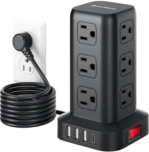 AnnTane Surge Protector Power Strip 6.5 FT Cord, Power Strip Tower with 4 USB Ports (1USB C), Extension Cord with 12 AC Multiple Outlets, Home Office Supplies Desk Accessories, Dorm Room Essentials