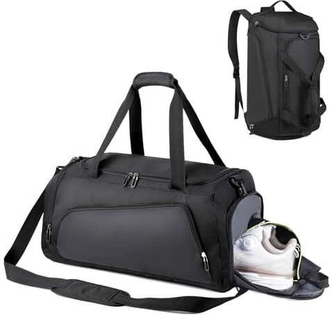 45L Bolsa de Gimnasia + Mochila Función con Zapato Separada Seco y Humedo, Womens Mens Gran Capacidad, Bolsa de Viaje, Bolsa de natación para Viaje, Entrenamiento - Gym Bag (Negro)