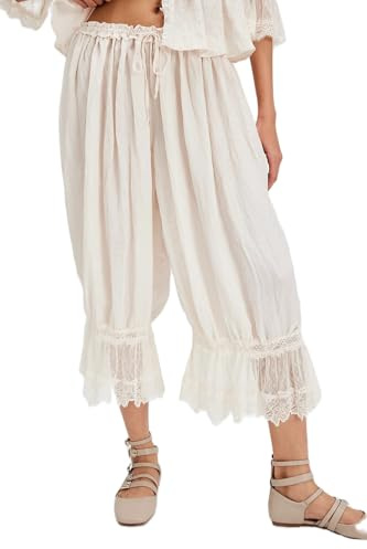 Women Lace Trim Pettipants Ruffle Pumpkin Pants Bloomers Vintage Long Pantaloons Wide Leg Lounge Capris Slip Pants, White, S