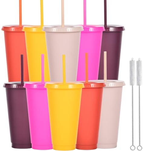 Yisituo 10 stycken drickkoppar med lock och sugrör, 710 ml återanvändbara plastmuggar med för smoothies, kaffe, fest och resor (10, färgglada)