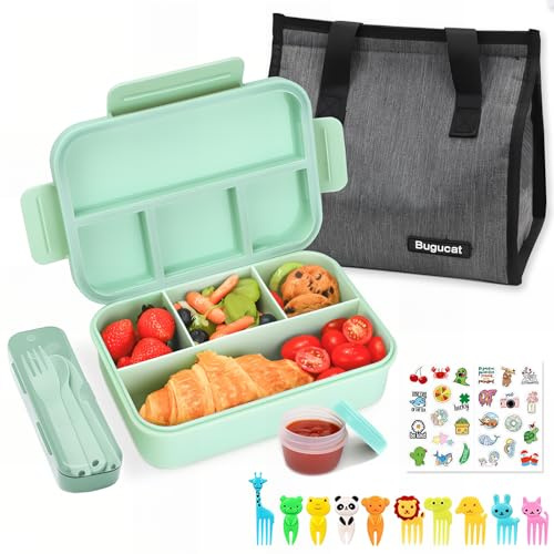 Bugucat Contenitore per il pranzo Bento da 1300 ml, con borsa per il pranzo, per bambini e adulti, con posate, scatole per snack con scatola per salsa e 10 forchette per frutta, bento box con