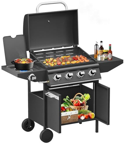 HOMELUX Gasgrill, 4 +1 Brenner 15 kW BBQ Grillwagen, 62 x 40 cm Große Grillfläche, Grillküche, Standgrill Gas Grillwagen inkl. Grillrost, Deckel, Thermometer