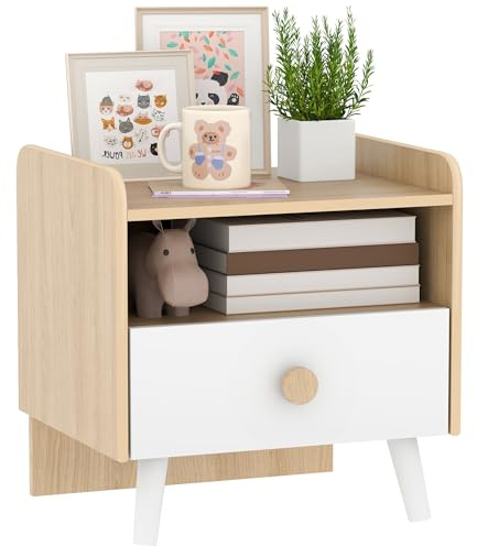 AIYAPLAY Mesita de Noche Infantil de Madera, Mesita de Noche para Niños de +3 Años con Cajón y Bordes Redondeados, para Dormitorio, Blanco y Roble