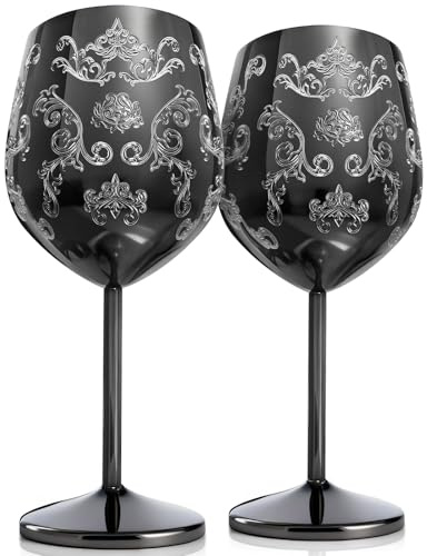 Livole Rödvinsglas av rostfritt stål, vinglas med gravyr, glas set present födelsedag jul, okrossbart vinglas för fest, camping, picknick, 550 ml 45 ml, svart, 2-pack