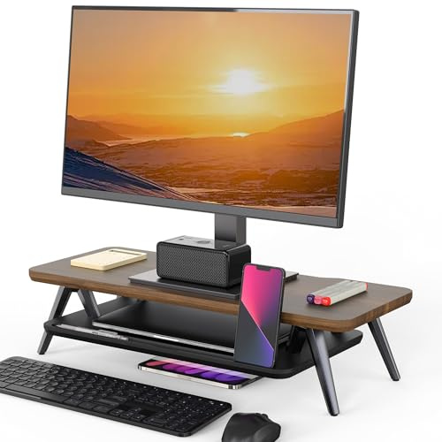 Fenge Skrivbordsmonitorstativ med integrerat spår för mobiltelefon, surfplatta och penna, trä- och metallmonitor för PC, bärbar dator, TV, hem och kontor (brun, 60 cm)