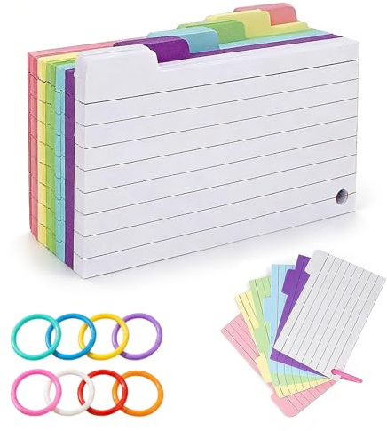 JIXLOUR Cartes mémo avec anneau, 150 fiches (7,5 x 12,5 cm), 6 couleurs de flashcards avec 7 anneaux de reliure, idéales pour l’école, le bureau et la maison