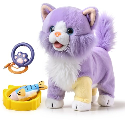 OR OR TU Jouet Chat Qui Marche et Miaule pour Enfants, Chat en Peluche Électronique avec Télécommande, Miaule, Remue la Queue & Bouge la Langue, Animal de Compagnie Électronique Interactif