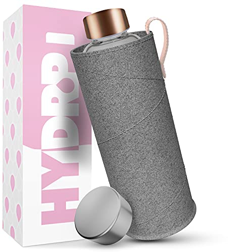 HYDROP Trinkflasche Glas 1L bruchsicher mit Filzhülle - Glasflasche 1 Liter Kohlensäure und Spülmaschinen geeignet - Wasserflasche Glas 1L - Glas Trinkflasche 1L- Glasflaschen Schutzhülle 1L