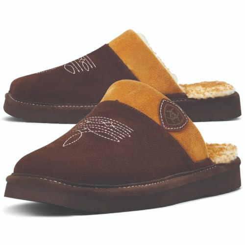 ARIAT Men's House Slippers, Silversmith Square Toe, Leather with Faux Shearling Lining (Chocolate)