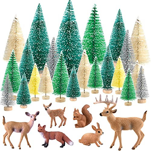 PLULON 30Pcs Mini Christmas Trees Forest Animals Figures Kit, Bottle Brush Trees Sisal Snow Frost Diorama Trees and Woodland Animal Figures Cake Toppers for Christmas Village Decorations