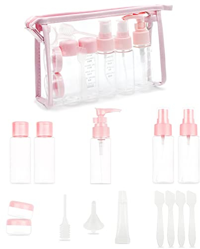 BEIIEB Set di 16 bottiglie da viaggio rosa, in plastica a prova di perdite, contenitori per liquidi per shampoo, bagnoschiuma, crema cosmetica