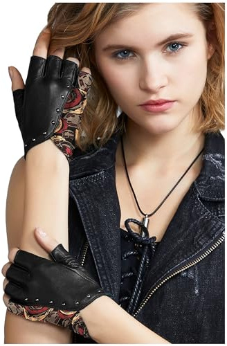 FIORETTO Womens Punk Fingerless Leather Gloves for Driving Motorcycle Unlined Half Finger Sheepskin Black-red Medium