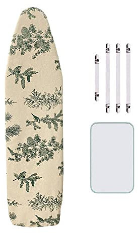 Treer Housse Table à Repasser 140x50cm en Coton Épais, Résistante Aux Hautes Températures, avec Tampon Anti-Scorch et Fixations, pour Fers à Repasser Vapeur (140x50cm,Pommes de pin Vertes)