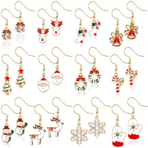 Coicok 12 Pairs Christmas Orecchini Pendenti Natalizi, Gioielli per Donne Ragazze Set di Gioielli Regali, Fiocco di Neve Babbo Natale Albero Orecchini, Orecchini Natalizi Pendenti Donna