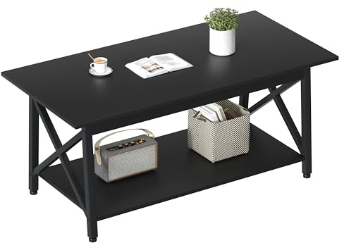 GreenForest Moderne Table Basse de Salon, avec Étagère Ouverte à 2 Niveaux et X-Cadre Acier Pieds, Noir