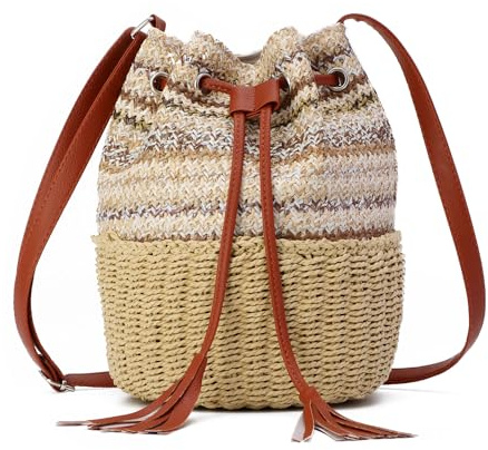 EVEOUT Straw Bucket Shoulder Bag for Women Summer Woven Beach Bag Purses Drawstring Handbag Hobo Crossbody Bag for Vacation