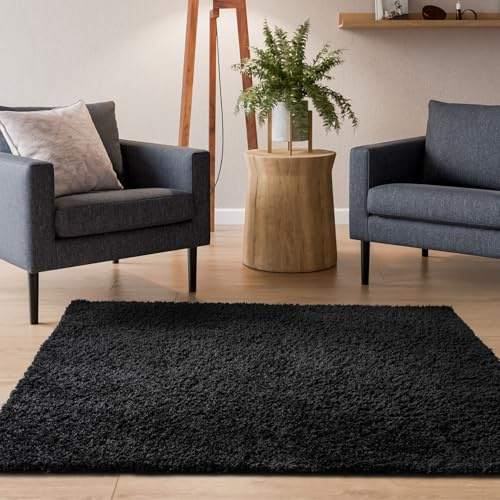 Interiyou Hochflor Teppich Sofia - 200x200 cm Schwarz - flauschig und einfarbig - waschbar und rutschfest - weicher Langflor