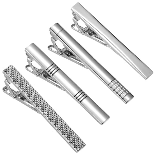 PACKOVE 4Pcs Tie Clips for Men Classic Silver Tie Bar Set Pinch Clips Necktie Clips for Business Wedding Graduation Daily Use, Boyfriend Husband Father Dad